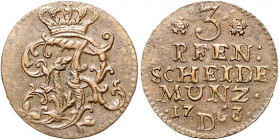 Brandenburg/-Preußen. 
Friedrich II. 1740-1786. 3 Kupferpfennig 1763 D, Kriegsgeld. Old.&nbsp;350, v.&nbsp;Schr.&nbsp;1751. . 

ss/f. vz