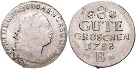 Brandenburg/-Preußen. 
Friedrich II. 1740-1786. 8 Gute Groschen 1758 B, Kriegsgeld mit Anhalt-Bernburgischer Umschrift, aber Porträt Friedrichs II., ...