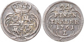 Brandenburg/-Preußen. 
Friedrich II. 1740-1786. 1/24 Taler 1761 L, Mmz. LDC ohne Punkt, Kriegsprägung sächsisch-polnischen Typs, Mzst. Leipzig, Banni...