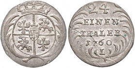 Brandenburg/-Preußen. 
Friedrich II. 1740-1786. 1/24 Taler 1760 L, ohne Mmz., Kriegsprägung sächsisch-polnischen Typs, Mzst. Berlin, Bannicke/Tewes (...