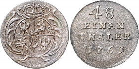 Brandenburg/-Preußen. 
Friedrich II. 1740-1786. 1/48 Taler 1761, ohne Mmz., Kriegsprägung sächsisch-polnischen Typs, Mzst. Berlin, Magdeburg u. Bresl...
