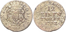 Brandenburg/-Preußen. 
Friedrich II. 1740-1786. 1/12 Taler 1762 FWOF, Kriegsprägung sächsisch-polnischen Typs, Mzst. Leipzig, Bannicke/Tewes (NH 28),...