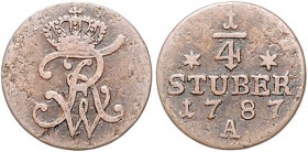 Brandenburg/-Preußen. 
Friedrich Wilhelm II. 1786-1797. 1/4 Stüber 1787 A, für Ostfriesland. Old.&nbsp;16, J.&nbsp;6a. R. 

ss