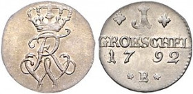 Brandenburg/-Preußen. 
Friedrich Wilhelm II. 1786-1797. 1 Gröschel 1792 B u. 1797 B, (das erste Stück mit GROESCHEL, das zweite mit GRÖSCHEL), für Sc...