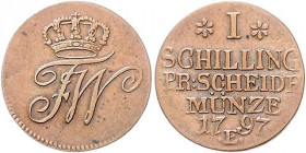 Brandenburg/-Preußen. 
Friedrich Wilhelm II. 1786-1797. Kupferschilling 1797 E, für Ost- u. Westpreußen. Old.&nbsp;23, J.&nbsp;18a. . 

ss