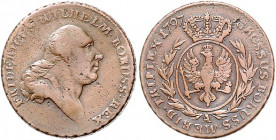 Brandenburg/-Preußen. 
Friedrich Wilhelm II. 1786-1797. 3 Kupfergroschen 1797 A, für Südpreußen. Old.&nbsp;25, J.&nbsp;177. . 

ss