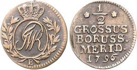 Brandenburg/-Preußen. 
Friedrich Wilhelm II. 1786-1797. 1/2 Kupfergroschen 1796 B, für Südpreußen. Old.&nbsp;29, J.&nbsp;172. . 

ss