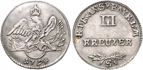Brandenburg/-Preußen. 
Friedrich Wilhelm II. 1786-1797. Schwabacher 3 Kreuzer 1794 S, für Ansbach-Bayreuth. Old.&nbsp;37, J.&nbsp;205. . 

f. vz/vz...