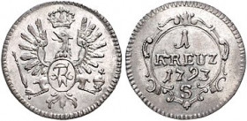 Brandenburg/-Preußen. 
Friedrich Wilhelm II. 1786-1797. Schwabacher Kreuzer 1793 S, für Ansbach-Bayreuth. Old.&nbsp;38, J.&nbsp;203a. . 

vz-stfr