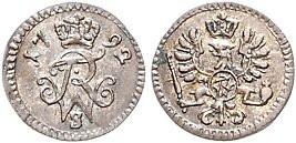 Brandenburg/-Preußen. 
Friedrich Wilhelm II. 1786-1797. Schwabacher Pfennig 1792 S, für Ansbach-Bayreuth. Old.&nbsp;39, J.&nbsp;201. . 

f. vz