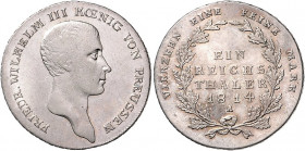 Brandenburg/-Preußen. 
Friedrich Wilhelm III. 1797-1840. Taler 1814 A. Old.&nbsp;103a, J.&nbsp;33, Kahnt&nbsp;362. . 

ss