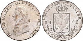 Brandenburg/-Preußen. 
Friedrich Wilhelm III. 1797-1840. 1/3 Taler 1802 A, zeitgenössische Fälschung, Kupfer versilbert, 6,57 g. . 

vz