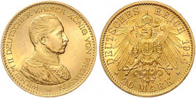 Preussen. 
Wilhelm II. 1888-1918. 20 Mark 1914 A, Kürassieruniform. Jaeger&nbsp;253. . 

winz. Rdu, vorzüglich-stempelfrisch