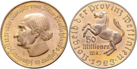 Provinz Westfalen. 
50 Millionen Mark 1923, Kupfer vergoldet, schmaler Randstab, 44 mm, 32,85 g, Jaeger N23b. . 

winzige Kratzer, Rdu, vz