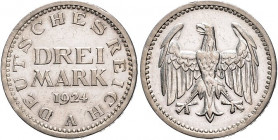 3 Mark, Adler ohne Umschrift, 1924 A, mit Randschrift-Var.: EINIGKEIT UNDRECHT UND FREIHEIT. Jaeger&nbsp;312. . 

kl. Rf., ss-vz