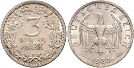 3 RM 1931 A, Kursmünze. Jaeger&nbsp;349. . 

winzige Rdu, f. stfr