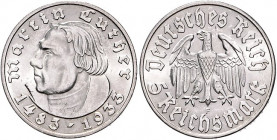 5 RM 1933 F, Luther. Jaeger&nbsp;353. . 

winzige Kratzer, f. stfr