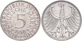 DM-Kursmünzen. 
5 DM 1958 J \b. Jaeger&nbsp;387. RR.. 

kl. Rf., ss
