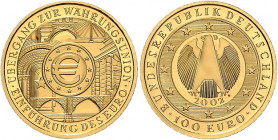 Euro-Gedenkmünzen. 
100 Euro 2002 D, GOLD, 15,55 g fein, EURO-Einführung. mit Zert. im OE (min. Lagerspuren), mehrwertsteuerbefreit.. 

Stgl
