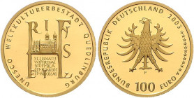 Euro-Gedenkmünzen. 
100 Euro 2003 F, GOLD, 15,55 g fein, Quedlinburg. mit Zert. im OE (min. Lagerspuren), mehrwertsteuerbefreit.. 

Stgl