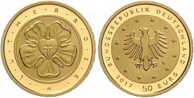 Euro-Gedenkmünzen. 
50 Euro 2017 G, GOLD (1/4 Oz 999.9 fein), Lutherrose. mit Zertifikat in Orig.-Schachtel mit Umkarton. 

Stgl