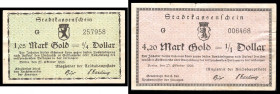 Deutsche Notgeldscheine. 
Berlin. 
1,05 und 4,20 Goldmark v. 27.10.1923, Magistrat, Buchstabe G, KN 6stellig. zus. 2 St.. 

gebr
