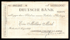 Deutsche Notgeldscheine. 
Berlin. 
Scheck über 1 Mio. Mark v. 17.8.1923 der Commerz- und Privat-Bank AG auf die Deutsche Bank Berlin. . 

gebr