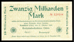 Deutsche Notgeldscheine. 
Frankfurt (Oder). 
20, 100 u. 200 Mrd. Mark 1923, Reichsbahndirektion Osten. Müller/Geiger&nbsp;2,&nbsp;4&nbsp;u.&nbsp;5. ...