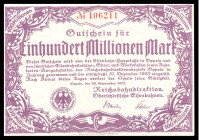 Deutsche Notgeldscheine. 
Oppeln (O.S.). 
100 Mio. Mark v. 28.9.1923, Reichsbahndirektion Oberschlesische Eisenbahnen. Müller/Geiger&nbsp;8. . 

k...