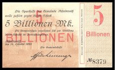Deutsche Notgeldscheine. 
Ründeroth/Rheinland. 
5 Billionen Mark v. 16.10.1923, Gemeinde. Keller&nbsp;4663&nbsp;c. . 

f. kfr