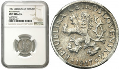 World coins 
WORLD COINS

Czechoslovakia. 1 korona 1947 aluminium NGC UNC - RARE 

Bardzo rzadki, pierwszy rocznik korony czechosłowackiej bitej ...