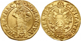 World coins 
WORLD COINS

Germany. Lübeck. Ducat (Dukaten) 1656 - BEAUTIFUL 

Aw.: Stojący władca z mieczem, trzymający berło i jabłko panowania,...