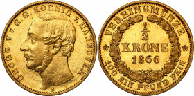 World coins 
WORLD COINS

Germany. Jerzy V (1851-1866). 1/2 krone 1866 B, Hannover - RARE 

Aw.: Głowa Króla w lewo.Rw.: Nominał w wieńcu dębowym...