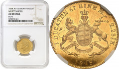 World coins 
WORLD COINS

Germany. Württemberg. Wilhelm I (1816-1864). Ducat (Dukaten) 1848, Stuttgart - NGC AU 

Aw.: Głowa władcy w lewo. W oto...