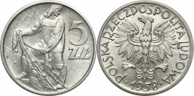 Polish collector coins after 1949
POLSKA / POLAND / POLEN / POLOGNE / POLSKO

PRL. 5 zloty 1958 Rybak, aluminium (wąska cyfra 8) - RARE 

Pięknie...