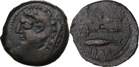 Hispania. Gades. AE Semis, 2nd-1st century BC. Obv. Head of Melqart-Herakles right, wearing lion's skin; behind, club. Rev. Two tunny fish; between, t...