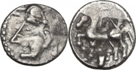 Celtic World. Central Gaul, Bituriges Cubi. AR Quinarius, c. 100/80-60 BC. Obv. Head left. Rev. Horse left; above, boar (?); below, X(?). Cf. De la To...