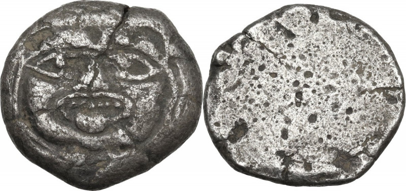 Greek Italy. Etruria, Populonia. AR 20 Units, 3rd century BC. Obv. Gorgoneion. R...