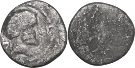 Greek Italy. Etruria, Populonia. AR 2.5-Asses, 3rd century BC. Obv. Male head right; behind, UII. Linear border. Rev. Blank. Vecchi EC ; HN Italy 175;...