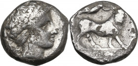 Greek Italy. Central and Southern Campania, Neapolis. AR Didrachm, 395-385 BC. Obv. Diademed head of nymph right. Rev. Man-headed bull walking right, ...
