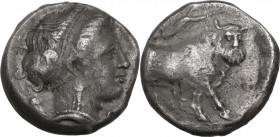 Greek Italy. Central and Southern Campania, Neapolis. AR Didrachm, 320-300 BC. Obv. Head of nymph right. Rev. Man-headed bull right; above, Nike flyin...