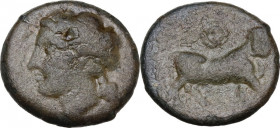 Greek Italy. Central and Southern Campania, Neapolis. AE 16.5 mm, 300-275 BC. Obv. Laureate head of Apllo left; behind, symbol. Rev. Man-headed bull r...