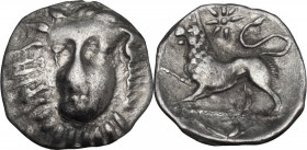 Greek Italy. Central and Southern Campania, Phistelia. AR Obol, c. 325-275 BC. Obv. Female head facing slightly left. Rev. Lion standing left; coiled ...