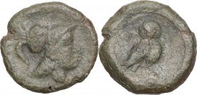 Greek Italy. Northern Apulia, Teate. AE Uncia. 225-200 BC. Obv. Head of Athena right wearing Corinthian helmet,. Rev. owl standing right; below pellet...