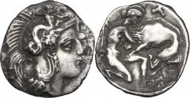 Greek Italy. Southern Apulia, Tarentum. AR Diobol, 325-280 BC. Obv. Head of Athena right, wearing helmet decorated with Scylla. Rev. Herakles kneeling...