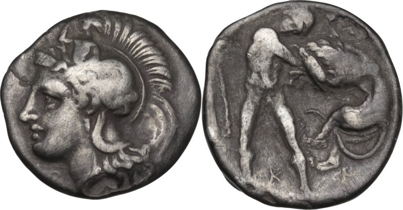 Greek Italy. Southern Apulia, Tarentum. AR Diobol, 325-280 BC. Obv. Head of Athe...