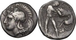 Greek Italy. Southern Apulia, Tarentum. AR Diobol, 325-280 BC. Obv. Head of Athena left, wearing helmet decorated with Scylla. Rev. Herakles standing ...