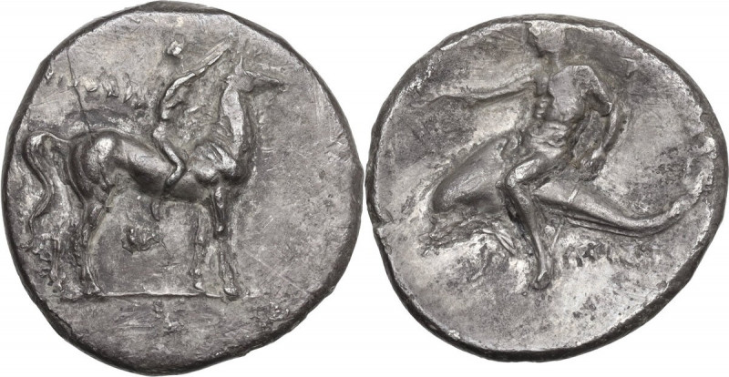 Greek Italy. Southern Apulia, Tarentum. AR Nomos, 280-272 BC. Obv. Youth on hors...