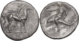 Greek Italy. Southern Apulia, Tarentum. AR Nomos, 280-272 BC. Obv. Youth on horseback right, crowning horse with wreath; ΦIΛOKPA behind, NK monogram b...