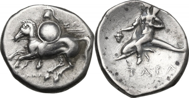 Greek Italy. Southern Apulia, Tarentum. AR Nomos, c. 280-272 BC. Obv. Warrior ri...